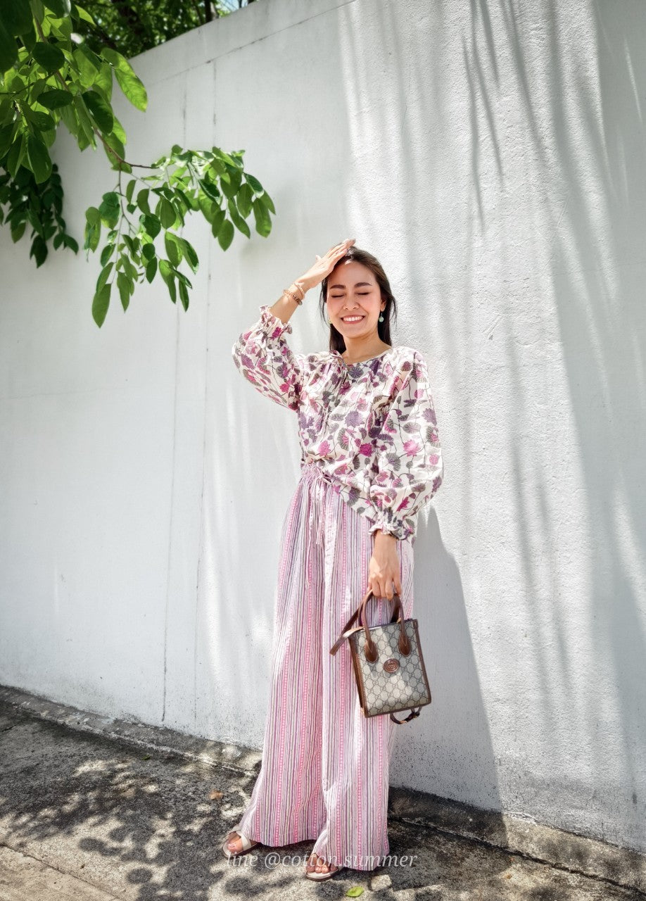 กางเกงเมษา (Mesa pants) #10 ลายเส้นม่วงจุดชมพู