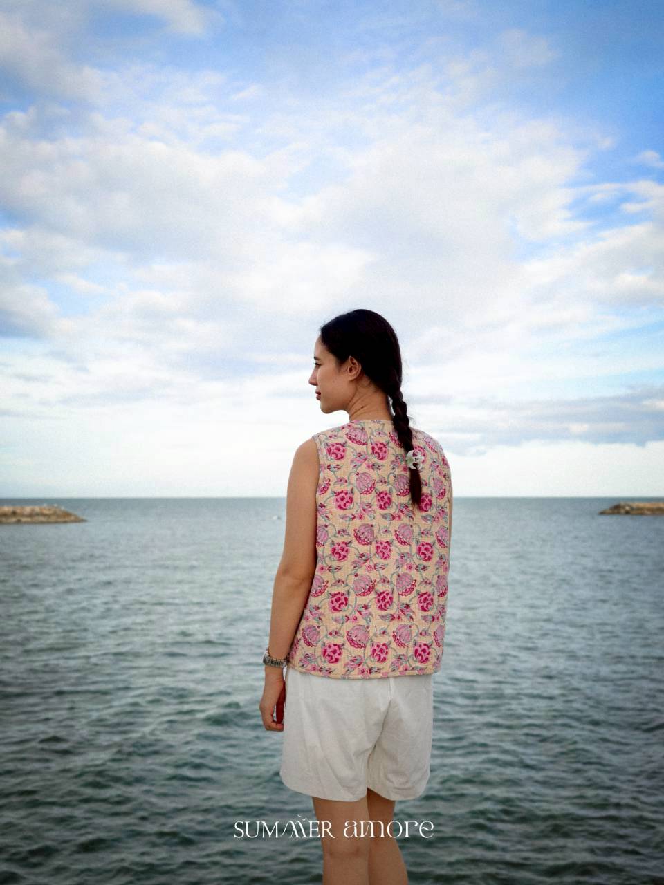 เสื้อกั๊ก(Tata vest )ผ้าอินเดียงานพิมพ์มือ - ครีม