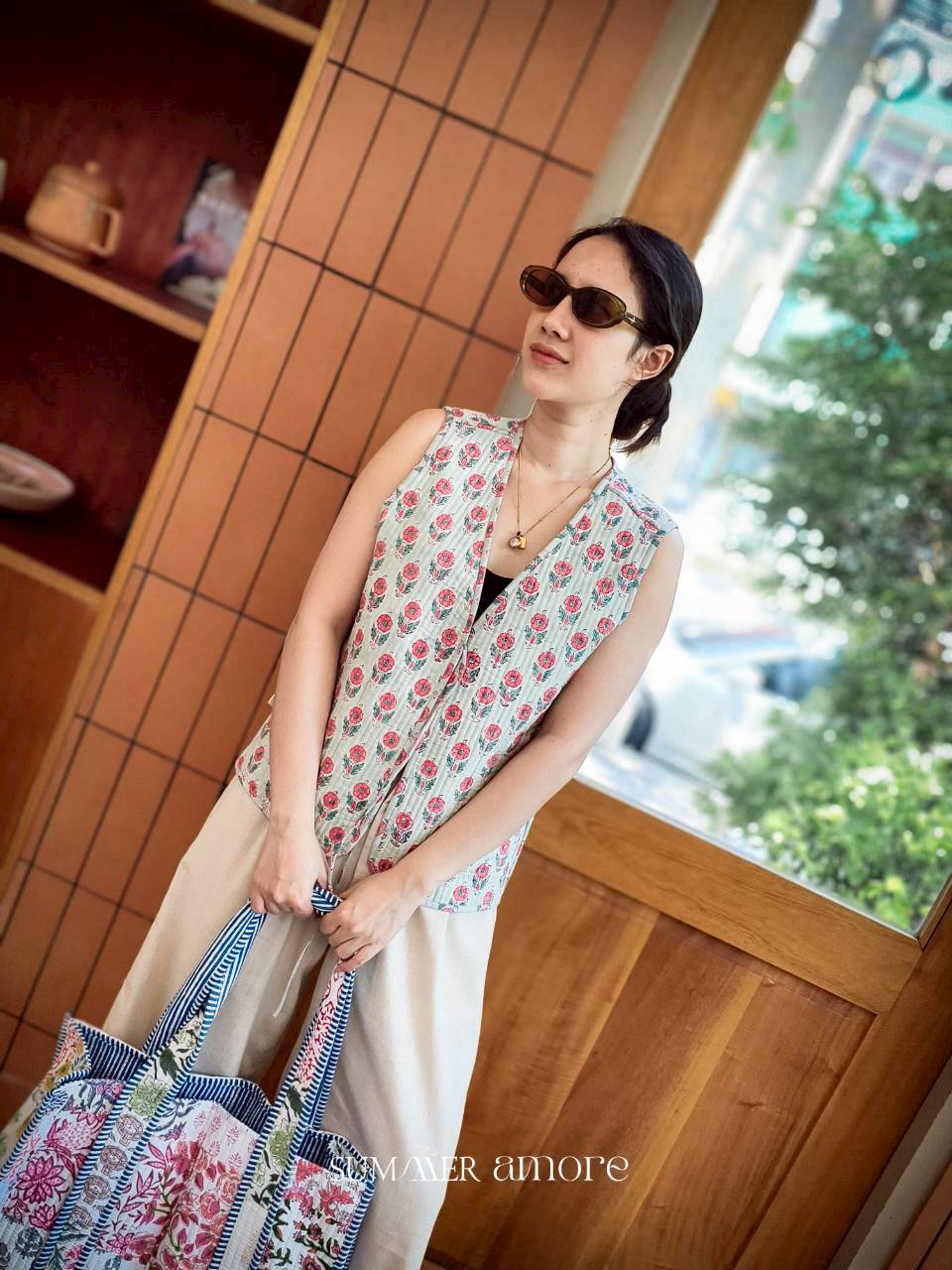 เสื้อกั๊ก(Tata vest )ผ้าอินเดียงานพิมพ์มือ - Mint