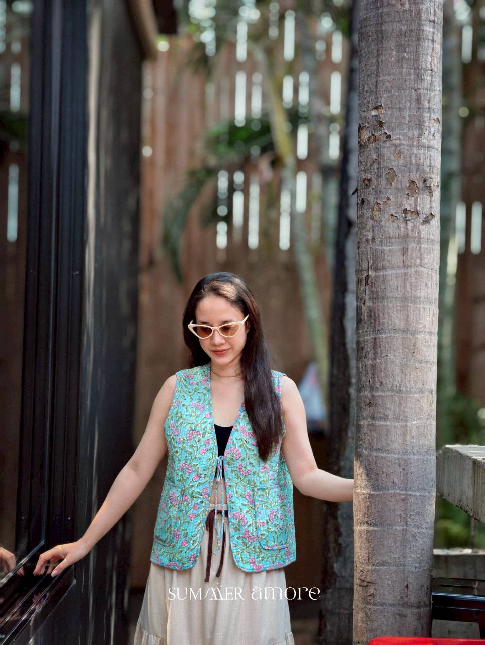 เสื้อกั๊ก(Tata vest )ผ้าอินเดียงานพิมพ์มือ - เขียวเข้ม