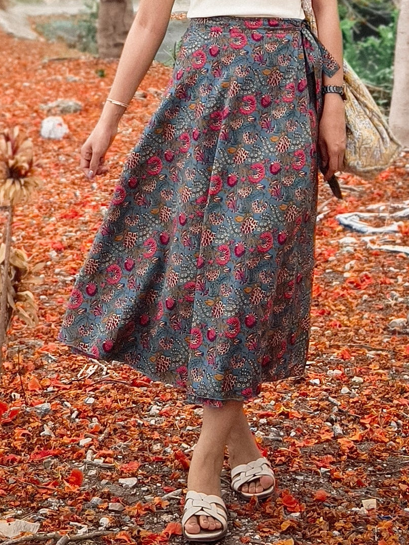 กระโปรงป้ายมัสตาร์ด (Mustard) #04 ดอกชมพื้นฟ้า