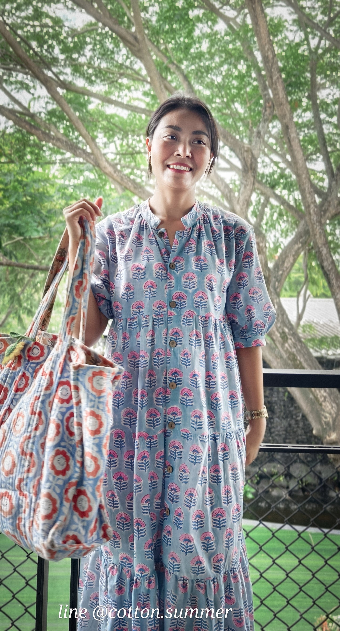 เดรสโอลีฟ (Dress Olive) - #02 ดอกชมพื้นฟ้าตุ่น