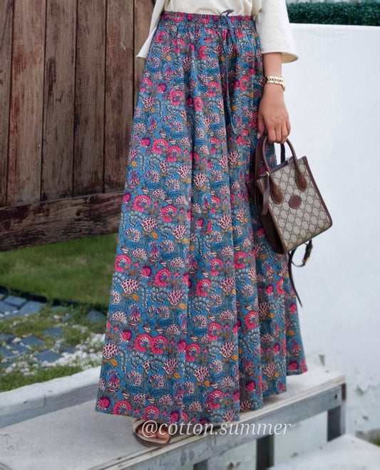 กางเกงชีวา (Cheeva)  #11 ดอกชมพูพื้นฟ้า