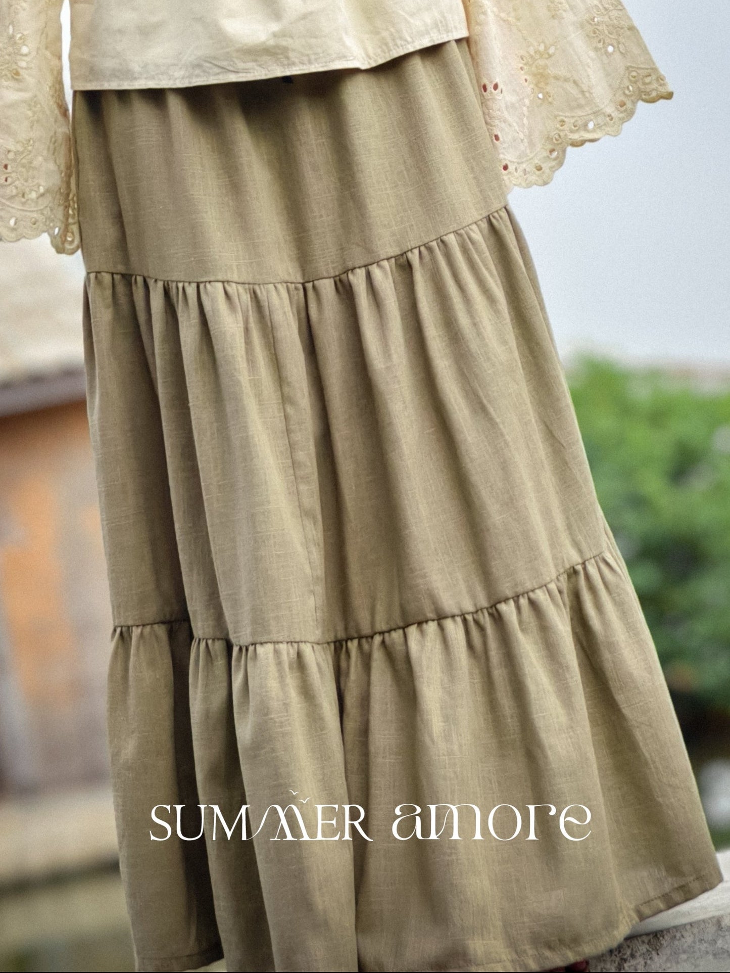 กระโปรง 3 ชั้นเดลี (Delhi) #22 - Linen เขียวอ่อน