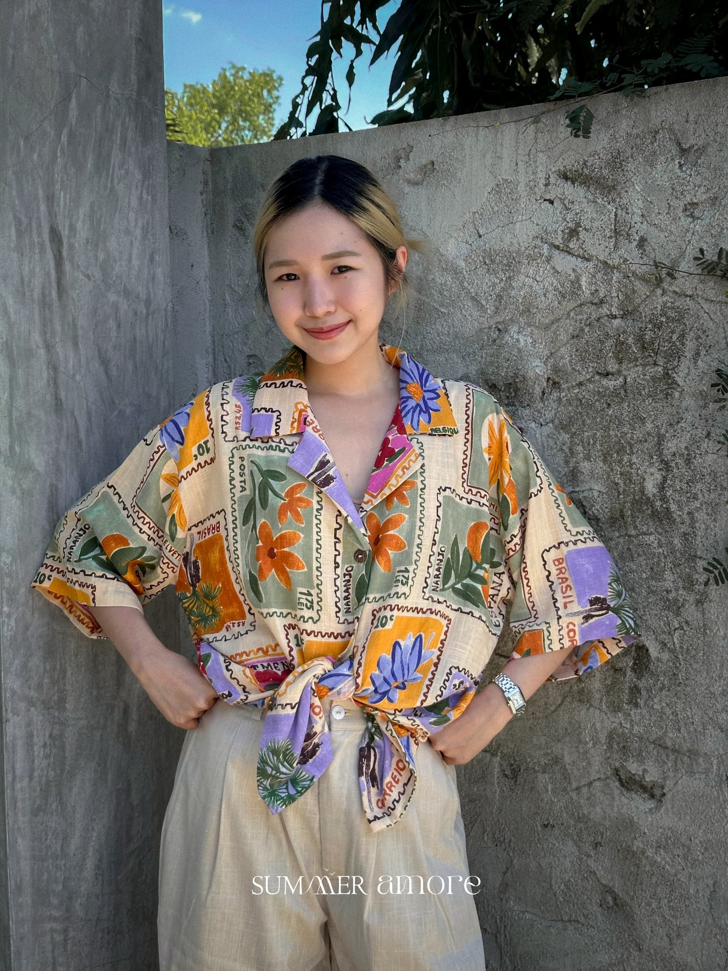 เสื้อฮาวาย ชะคราม (Chakram) #10 พิมพ์ลายดอก-ผ้าลินิน