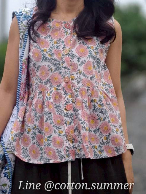 เสื้อแขนกุดชายระบายลันลา (Lulla)  #24-ชมพู Daisy Pink