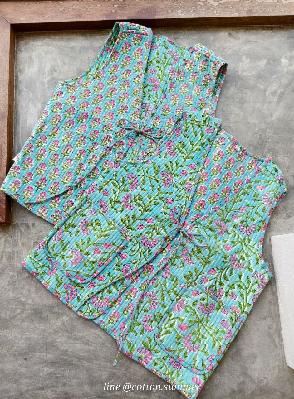 เสื้อกั๊ก(Tata vest )ผ้าอินเดียงานพิมพ์มือ - เขียวเข้ม