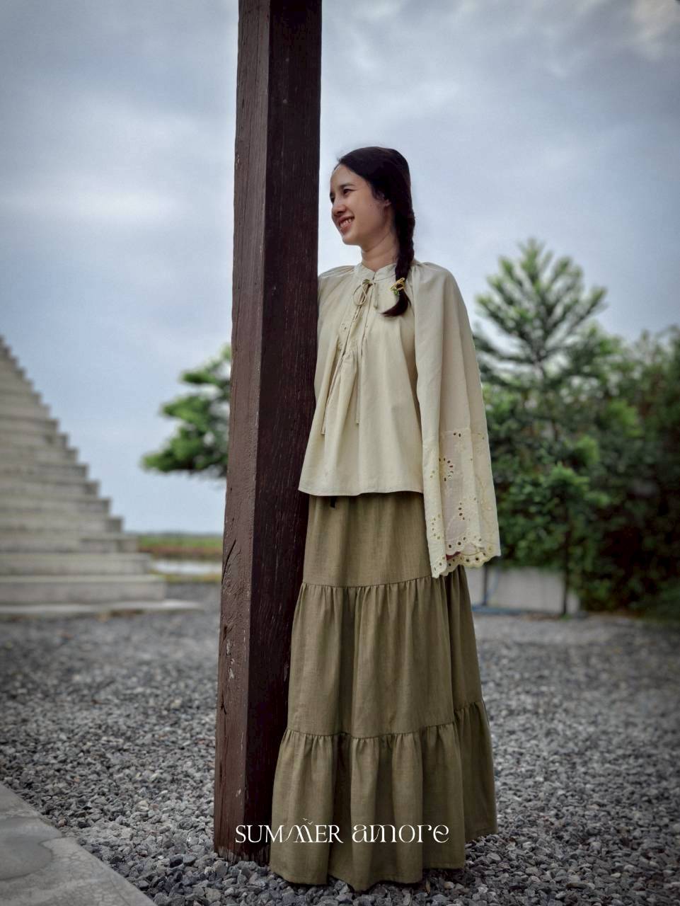 กระโปรง3ชั้น Delhi #22 - Linen เขียวอ่อน