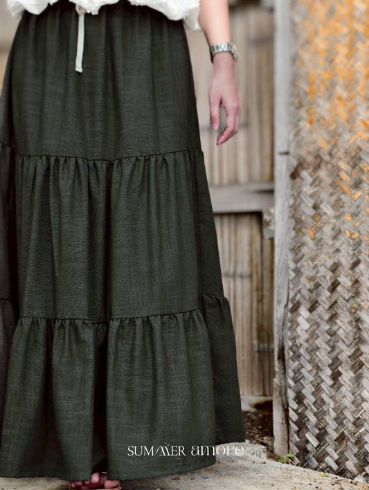 กระโปรง 3 ชั้นเดลี (Delhi) #25 -Linen เขียวเข้ม