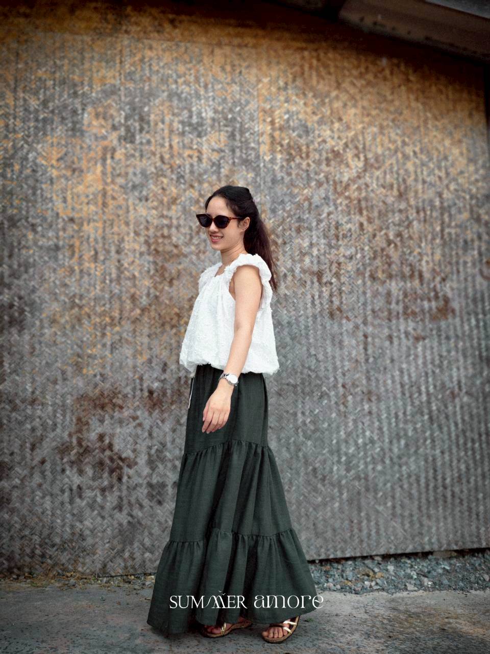 กระโปรง3ชั้น Delhi #25 - Linen เขียวเข้ม