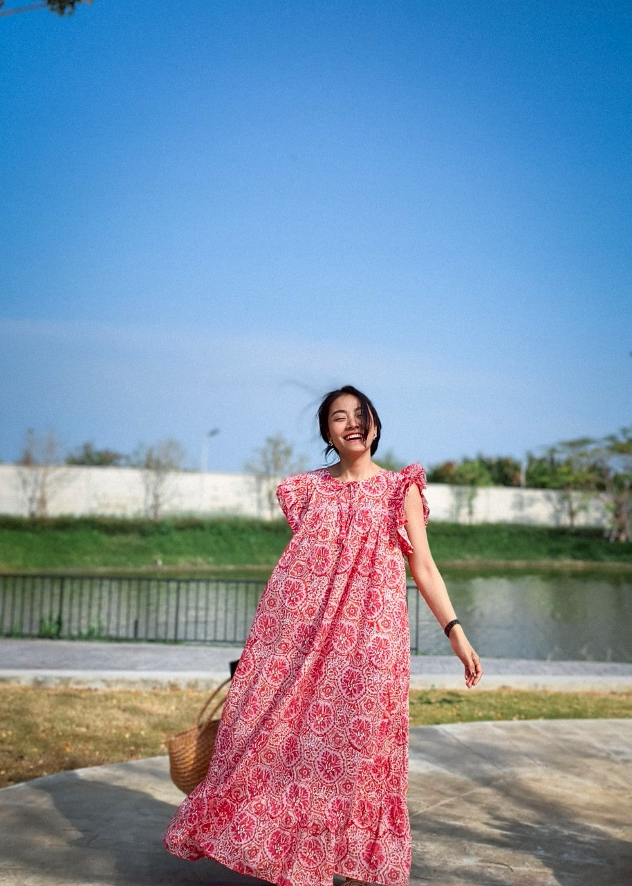 เดรส"ข้าวแช่"(Khao chae) : แขนระบาย ทรงยาวสวย #06- ส้มแสด