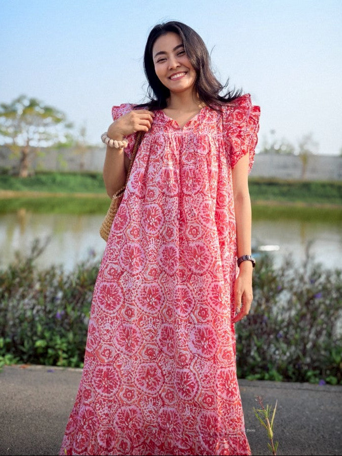 เดรส"ข้าวแช่"(Khao chae) : แขนระบาย ทรงยาวสวย #06- ส้มแสด