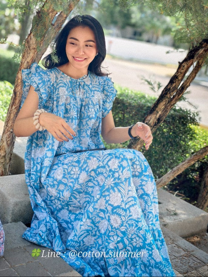 เดรส"ข้าวแช่"(Khao chae) : แขนระบาย ทรงยาวสวย #02-ฟ้า