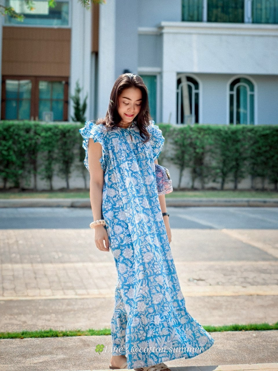 เดรส"ข้าวแช่"(Khao chae) : แขนระบาย ทรงยาวสวย #02-ฟ้า