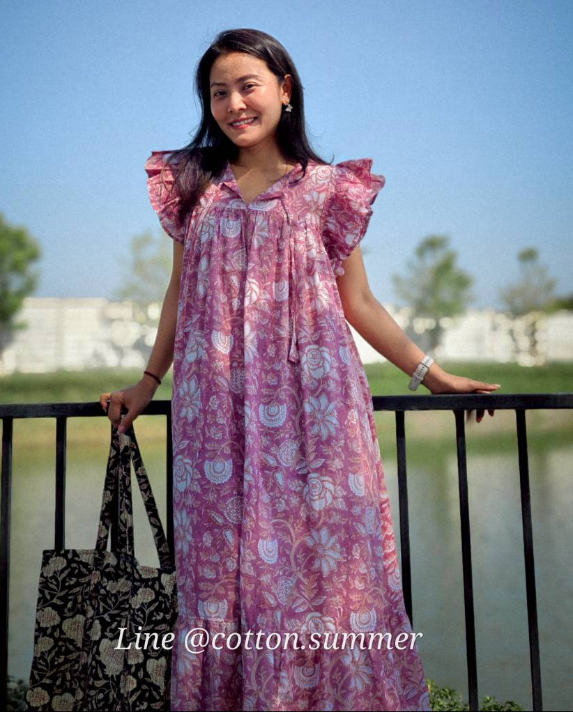 เดรส"ข้าวแช่"(Khao chae) : แขนระบาย ทรงยาวสวย  #11-ม่วงตุ่น