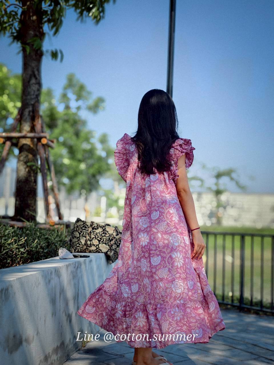 เดรส"ข้าวแช่"(Khao chae) : แขนระบาย ทรงยาวสวย  #11-ม่วงตุ่น