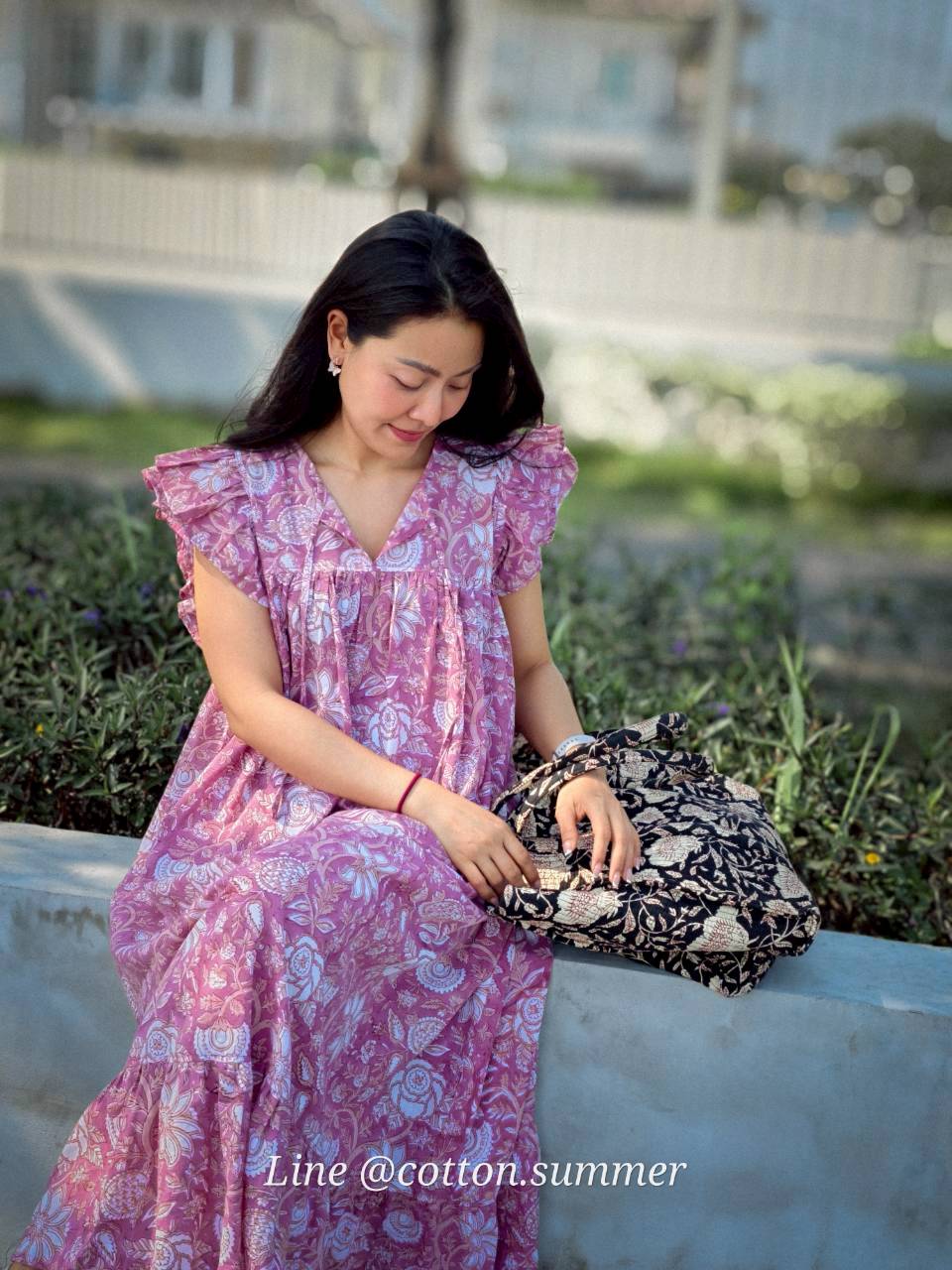 เดรส"ข้าวแช่"(Khao chae) : แขนระบาย ทรงยาวสวย  #11-ม่วงตุ่น