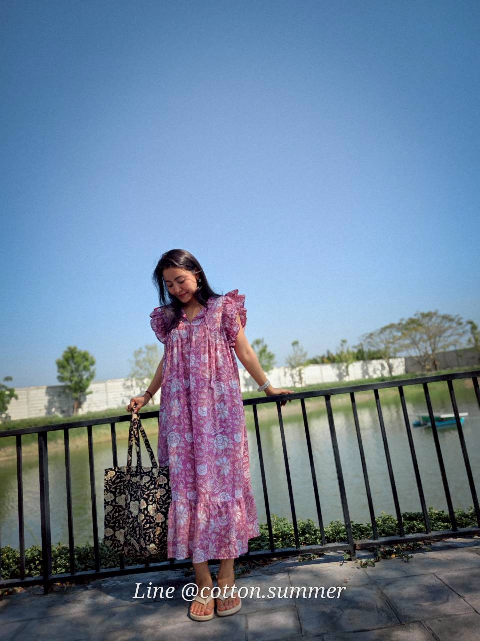 เดรส"ข้าวแช่"(Khao chae) : แขนระบาย ทรงยาวสวย  #11-ม่วงตุ่น