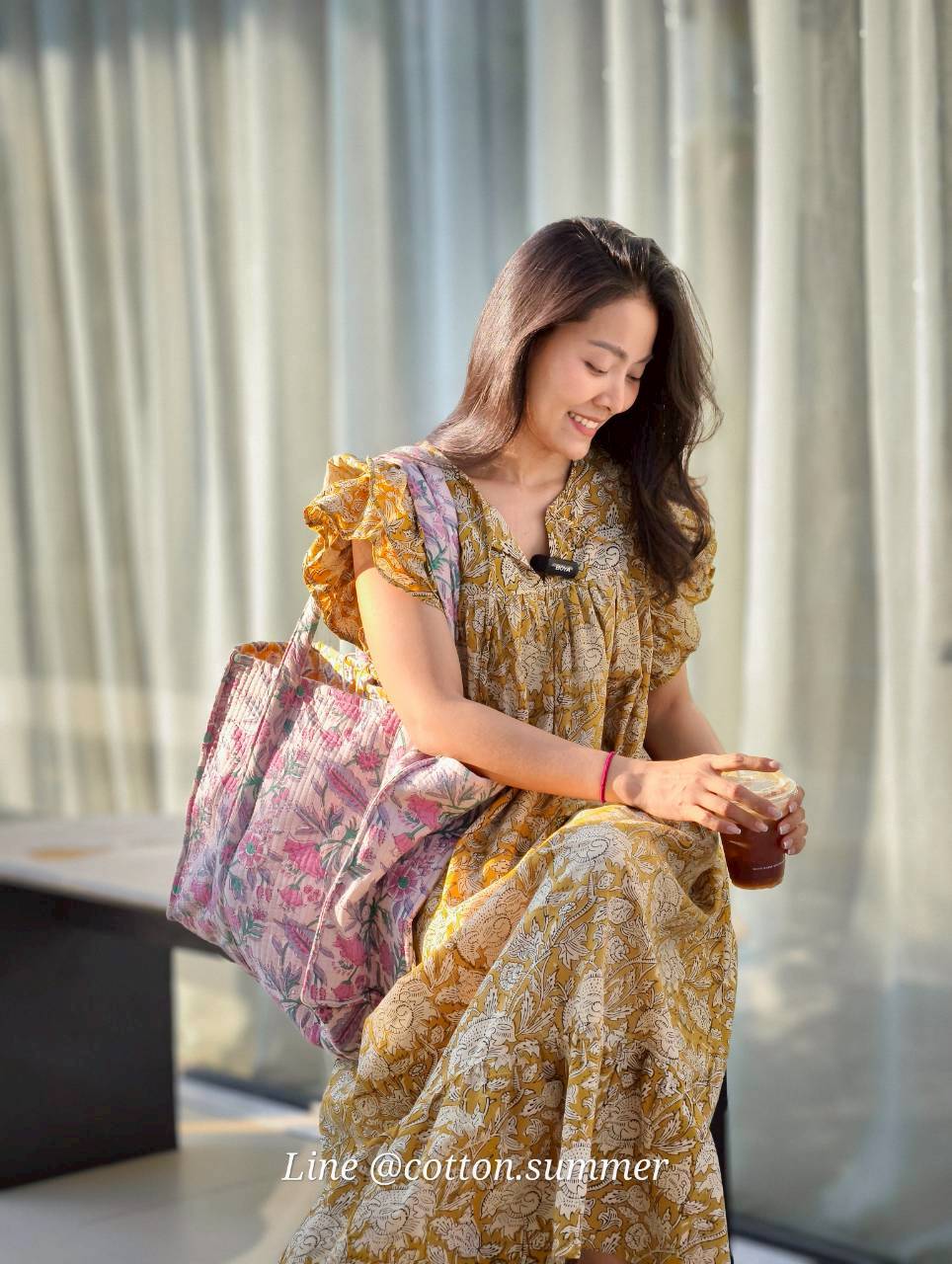 เดรส "ข้าวแช่"  (Khao chae) แขนระบาย ทรงยาวสวย #14-เหลืองมัสตาร์ด