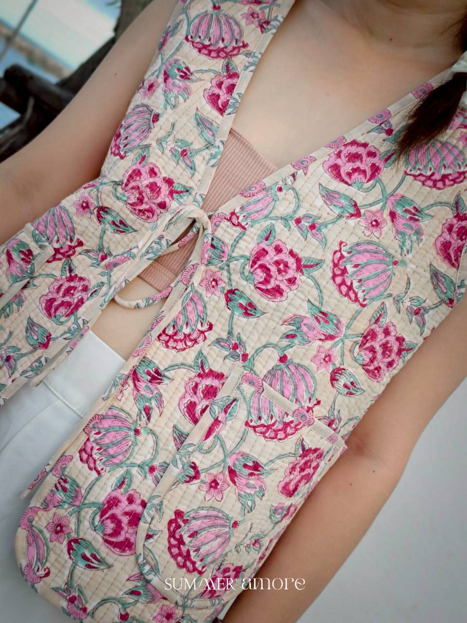 เสื้อกั๊ก(Tata vest )ผ้าอินเดียงานพิมพ์มือ - ครีม