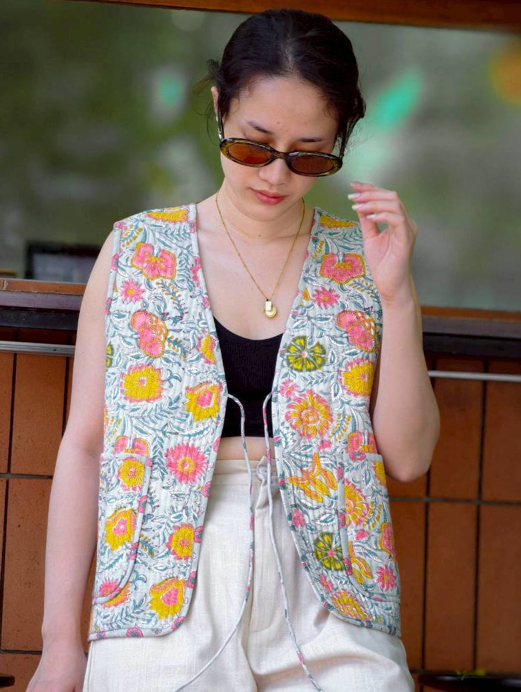 เสื้อกั๊ก(Tata vest )ผ้าอินเดียงานพิมพ์มือ - Mint