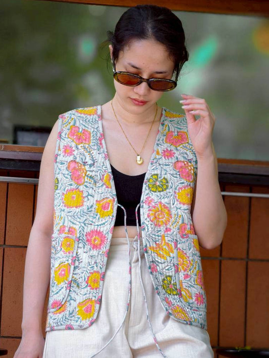 เสื้อกั๊ก(Tata vest )ผ้าอินเดียงานพิมพ์มือ - Mint