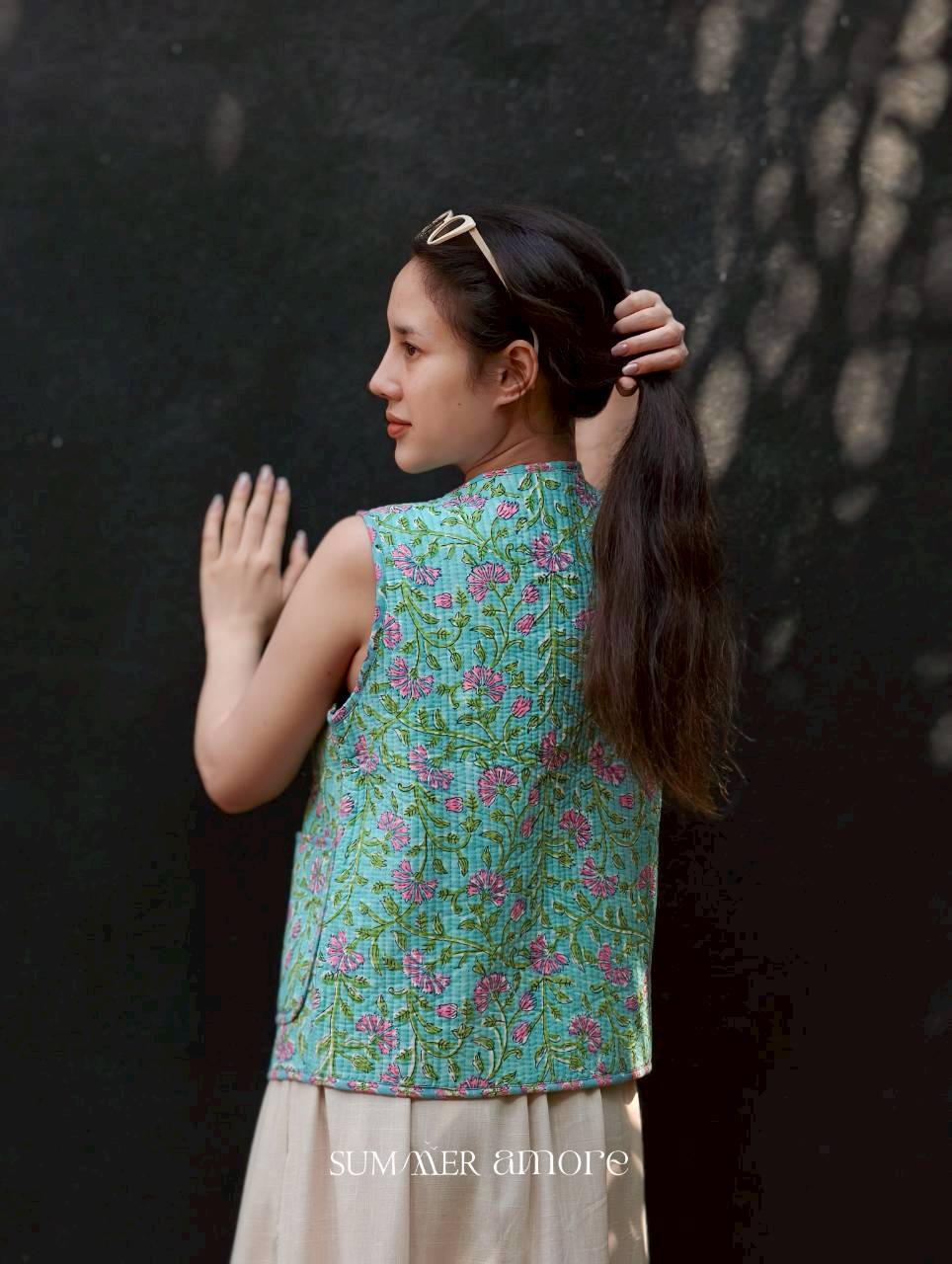 เสื้อกั๊ก(Tata vest )ผ้าอินเดียงานพิมพ์มือ - เขียวเข้ม