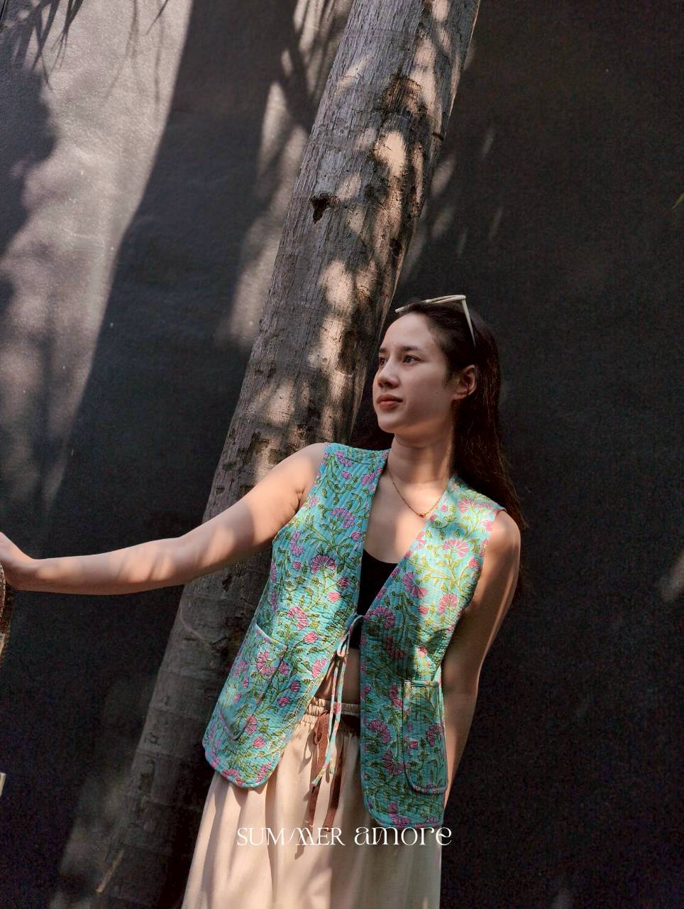 เสื้อกั๊ก(Tata vest )ผ้าอินเดียงานพิมพ์มือ - เขียวเข้ม