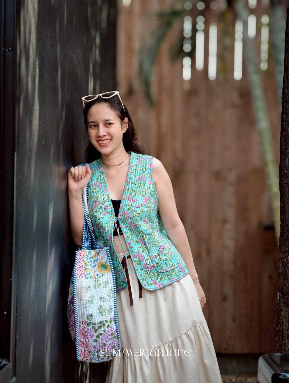 เสื้อกั๊ก(Tata vest )ผ้าอินเดียงานพิมพ์มือ - เขียวเข้ม