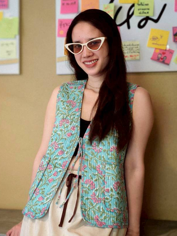 เสื้อกั๊ก(Tata vest )ผ้าอินเดียงานพิมพ์มือ - เขียวเข้ม