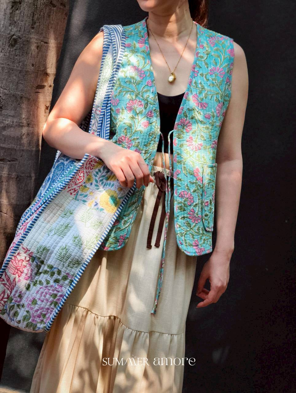 เสื้อกั๊ก(Tata vest )ผ้าอินเดียงานพิมพ์มือ - เขียวเข้ม